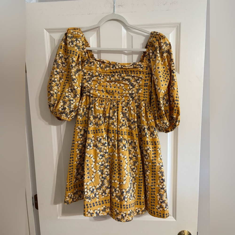 Abercrombie & Fitch Mustard Floral Mini Dress with Navy & White Print